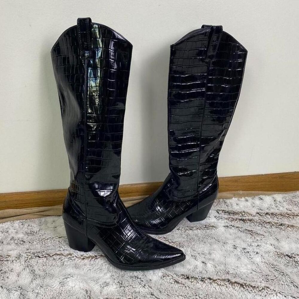 Coconuts by Matisse black crocodile embossed knee-high boots boho western anthro